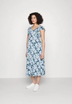 Midi V Flared Dress Witrh Ruffle Sleevees - Jerseyjurk - Dark Blue/Blue